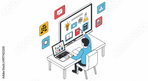 Isometric Illustration of Student Engaging in E-learning with Interactive Digital Whiteboard and Laptop