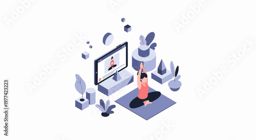 Isometric Illustration of a Woman Practicing Yoga at Home with Online Video Tutorial
