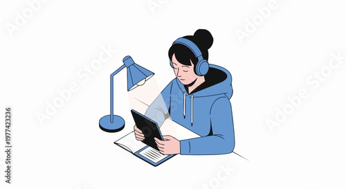 Young Woman in Hoodie Studying at Desk with Headphones and Digital Tablet, E-learning and Remote Education Concept Illustration