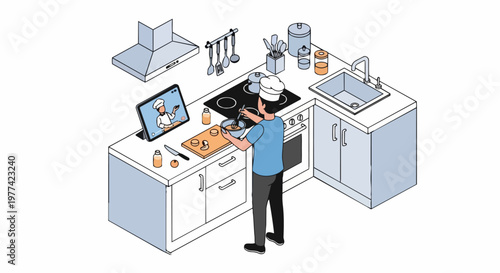 Isometric Illustration of a Man Following an Online Cooking Class on a Digital Tablet in a Modern Kitchen, E-learning and Culinary Hobby Concept