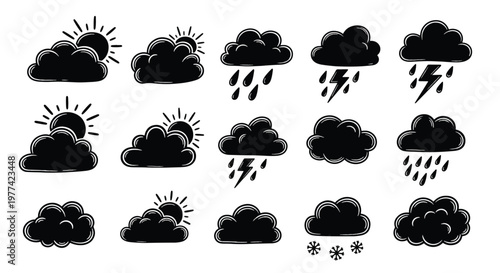 A set of black silhouette weather icons, including sun behind clouds, rain, lightning, and snow, presented in a grid format for diverse meteorological representation.