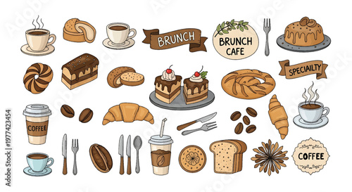 A vibrant assortment of hand-drawn brunch and coffee elements, including various pastries, cakes, cups of coffee, and decorative ribbons, perfect for cafe menus and promotional materials.