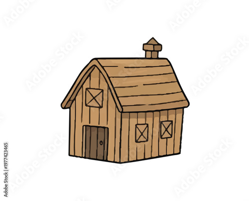 A charming, simplified illustration of a rustic wooden barn with a pitched roof, chimney, and cross-paned windows, conveying a sense of rural simplicity.