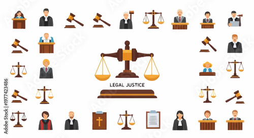 Collection of legal justice icons and symbols.