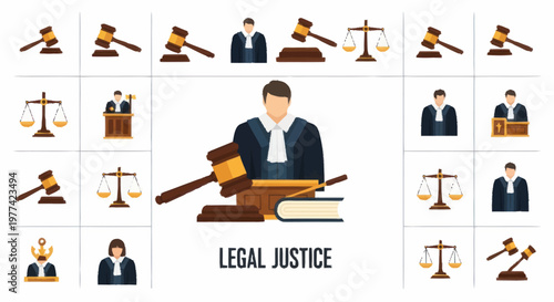 Legal Justice Symbols and Figures in Flat Design.