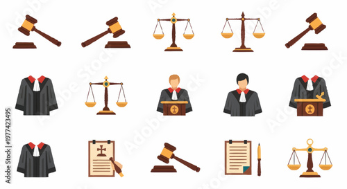 Collection of legal symbols and attire for justice system.