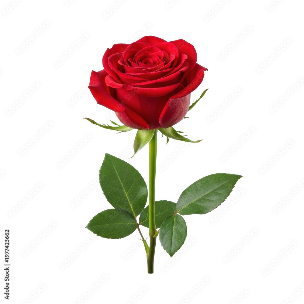 Naklejka premium A Stunning Red Rose with Lush Green Stem and Leaves Perfect for Floral Arrangements and Romantic Gifts isolated on transparent background