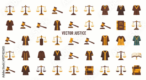 Collection of legal symbols and icons representing justice and law.