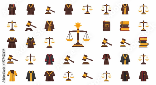 Collection of legal symbols and objects for justice and law.