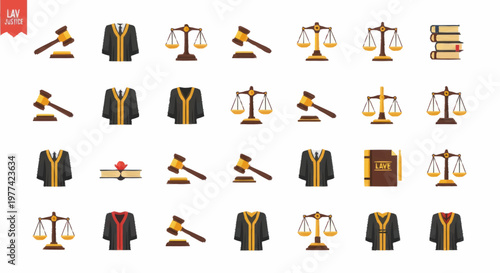 Law Icons Set Gavel Scales Robe Book Justice Symbol.