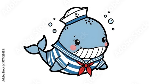 Cute cartoon whale in a sailor outfit with bubbles, perfect for nautical-themed designs and children's illustrations