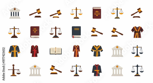 Collection of legal symbols and icons representing justice and law.