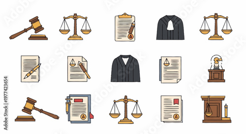 Collection of legal and justice symbols and icons.