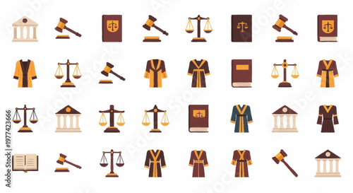 Collection of Legal Icons Representing Justice and Law.