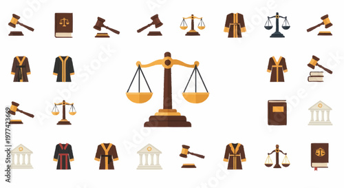 Law and justice symbols collection flat icons.