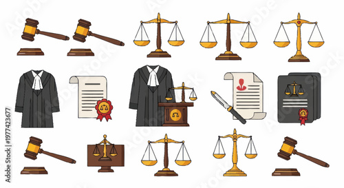 Legal Justice Symbols Gavel Scales Robe Document.