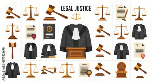 Legal Justice Symbols and Gavel Icons Representing Law.