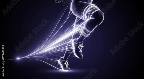 Dynamic digital illustration of a runner's legs in motion, depicted with glowing light trails symbolizing speed, energy, and advanced technology.