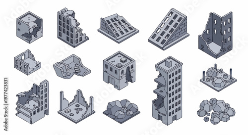 Collection of Isometric Ruined Buildings and Structures.