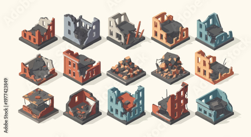 Collection of Miniature Destroyed Buildings for Tabletop Games.