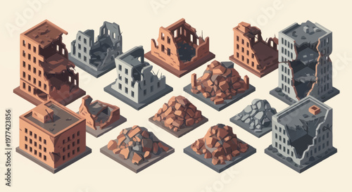Collection of Miniature Destroyed Buildings and Rubble.
