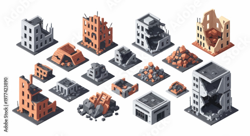 Foto Collection of Damaged and Destroyed Buildings in Isometric View.
