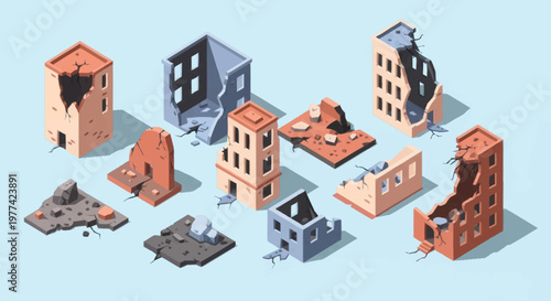 Collection of Isometric Destroyed Buildings and Ruins.