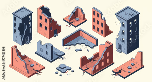 Collection of Isometric Damaged Buildings and Ruins.