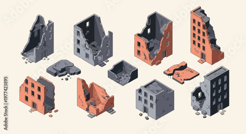 Collection of Isometric Ruined Buildings and Debris.