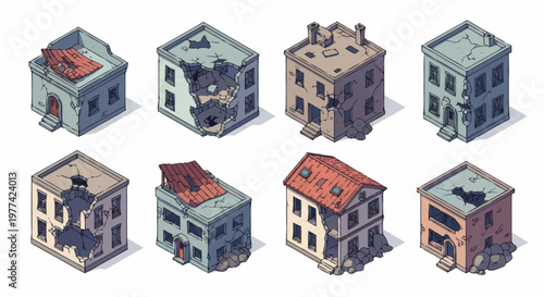 Collection of Damaged and Dilapidated Isometric Buildings.