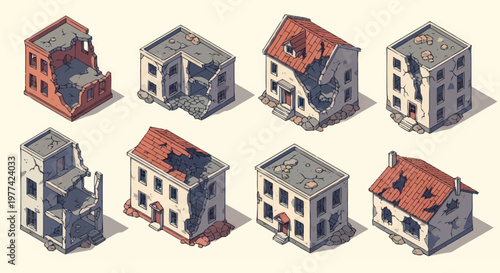 Collection of Damaged and Destroyed Buildings Isometric View.