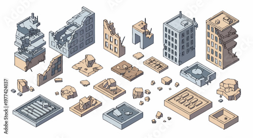 Collection of Isometric Damaged and Destroyed Buildings and Structures.