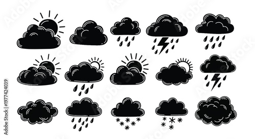 Black silhouette weather illustration, including sun behind clouds, rain, lightning, and snow, presented in a grid format for diverse meteorological representation.
