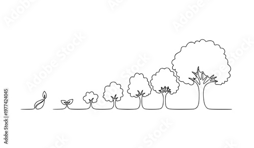 Continuous one-line tree growth vector illustration from seed to mature eco nature concept