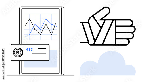 Cryptocurrency, blockchain technology, financial growth, digital trading, bitcoin transactions, fintech solutions. A mobile phone with BTC card, growth chart and thumbs-up symbol. Cryptocurrency