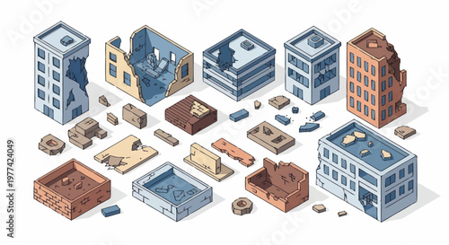 Collection of Isometric Damaged and Destroyed Buildings and City Elements.