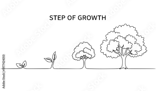 Single line tree growth steps vector illustration horizontal progression eco green nature concept