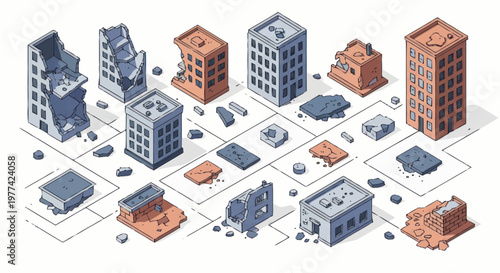 Collection of Isometric Damaged and Destroyed Buildings and City Elements.