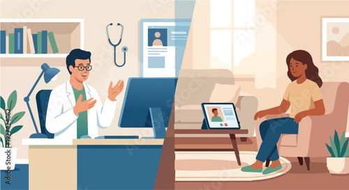 Telemedicine concept with doctor consulting patient via video call on tablet from office, online healthcare and remote medical consultation service, virtual medical appointment and digital health