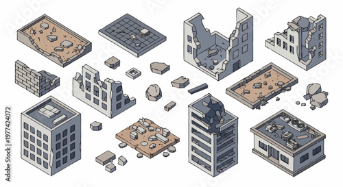 Isometric Destroyed Buildings and Debris Elements for Game Design.
