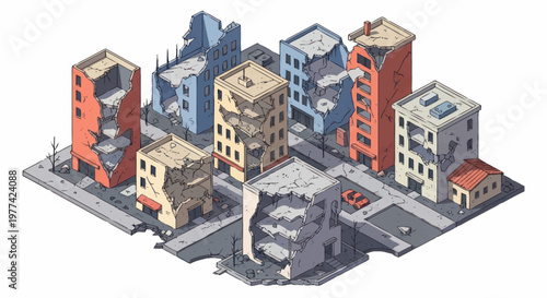 Destroyed Cityscape Isometric View of Ruined Buildings.