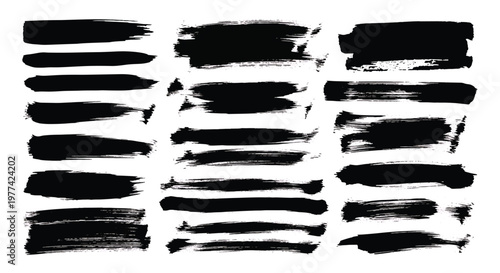 A collection of abstract, hand-drawn brush stroke elements in black and white, offering a variety of textures and shapes for graphic design and artistic illustration.