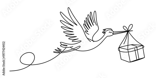 A simple continuous line drawing of a stork flying while carrying a small gift box in its beak Vector, illustration