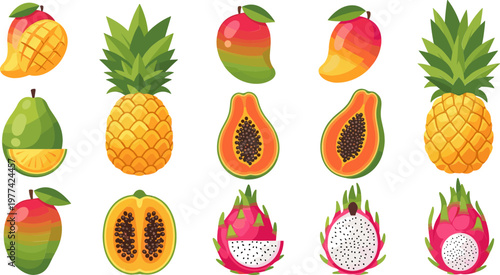 Tropical Fruit Set with Mango Pineapple Papaya Dragon Fruit and Avocado Fresh Exotic Food Collection Cartoon Illustration Isolated on White Background