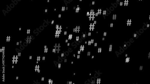 A black background adorned with a scattered array of gray and white hashtag symbols of different sizes, creating a dynamic abstract pattern representing social media and online trends