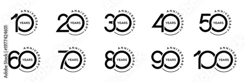 Set of 10 to 100 anniversary logo design. years celebration 10 to 100 logo icon collection