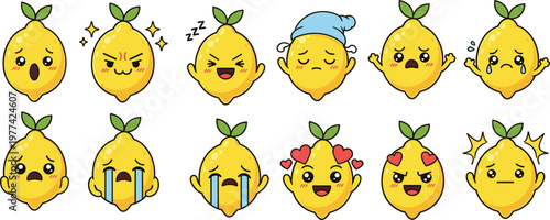 Cute lemon cartoon character emoji set with different emotions and expressions funny fruit vector illustration collection isolated on light background