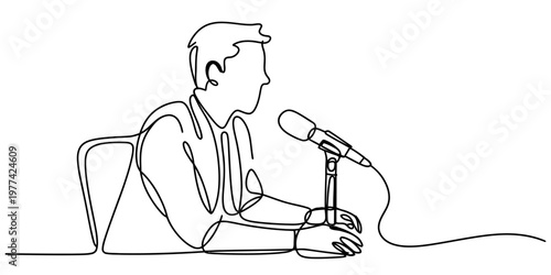 A single continuous line drawing of a person speaking into a microphone at a desk or a podium. Vector, illustration