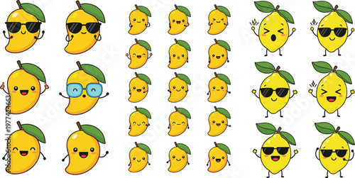 Cute mango cartoon characters collection vector illustration with funny faces and poses, tropical fruit set for kids design, summer themes and playful concepts