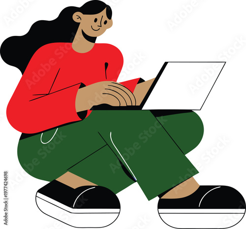 Simple Line Drawing of a Person Using a Laptop